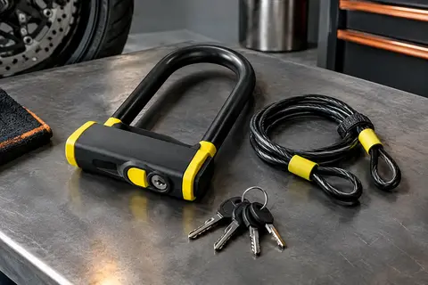 Antivol mini U noir et jaune avec anse en acier, câble de rappel et clés sur un établi d’atelier