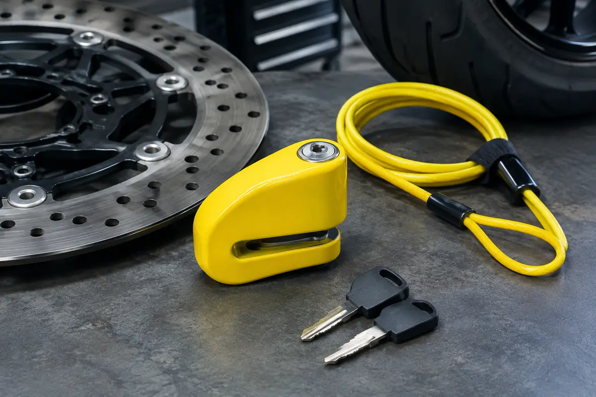Bloque-disque moto Urban jaune avec câble de rappel et clés, présenté dans un atelier sobre.