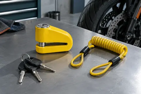 Bloque-disque moto jaune en acier inoxydable accompagné de son câble de rappel et de ses clés