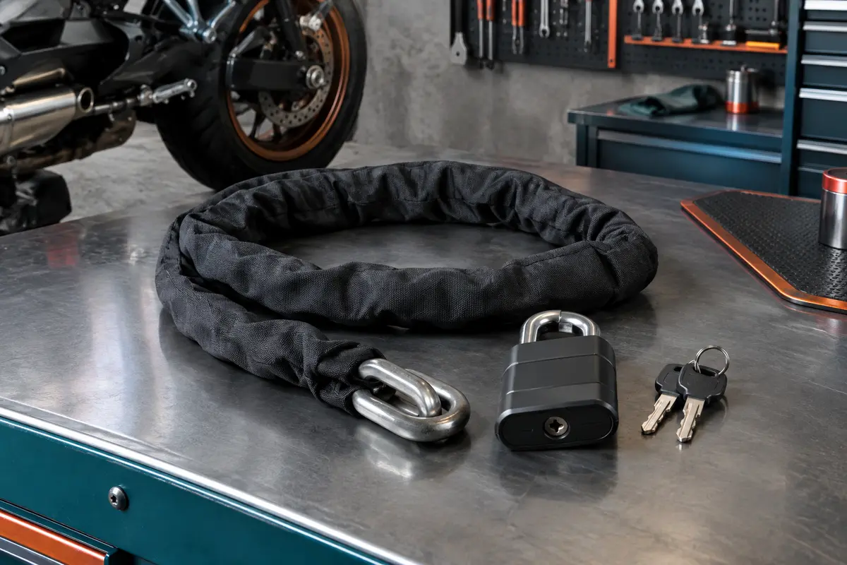 Chaîne antivol Urban U4K120 gainée avec son cadenas à clé, présentée dans un atelier moto sobre.