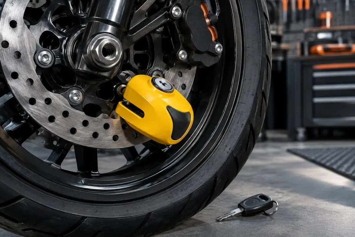 Bloque-disque moto Urban UR6 jaune avec alarme, installé sur un disque de frein dans un atelier