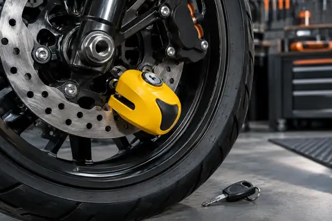 Bloque-disque moto Urban UR6 jaune avec alarme, installé sur un disque de frein dans un atelier