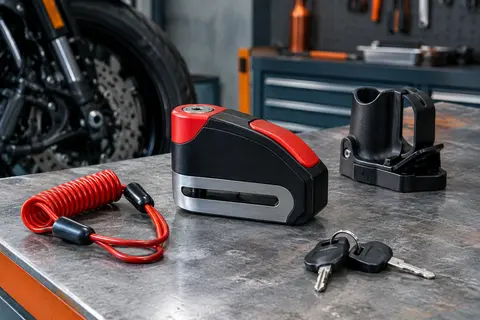 Bloque-disque moto Vector Minimax+ noir et rouge avec cordon de rappel et support, présenté sur un établi