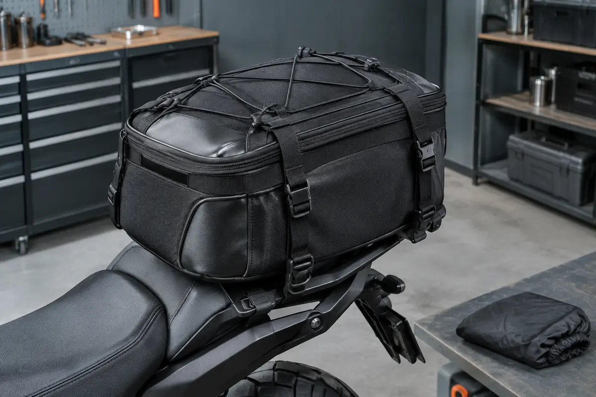 Sacoche de selle noire extensible installée sur une moto, avec ses sangles et sa housse de pluie