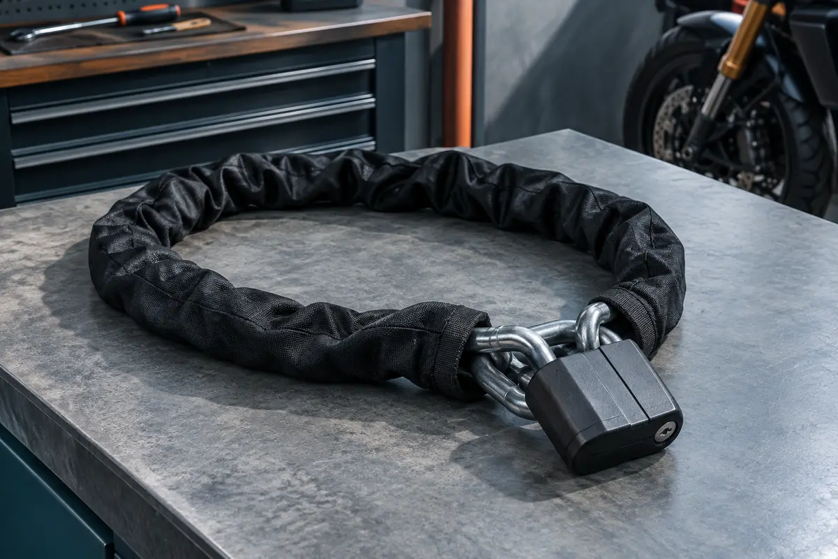 Chaîne antivol moto noire de 120 cm, gainée de textile et équipée d’un cadenas à clé.