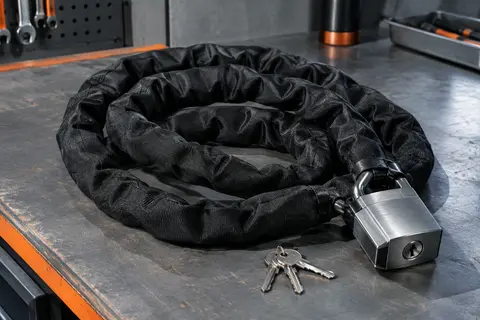 Chaîne antivol moto Vinz Trivor de 3 m avec gaine en nylon, cadenas métallique fermé et trois clés.