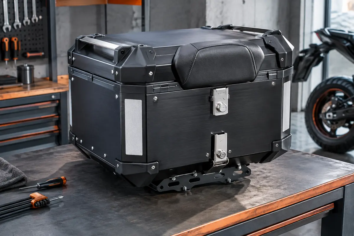 Top case moto noir en aluminium avec coins renforcés, dossier rembourré, bandes réfléchissantes et plaque de fixation.
