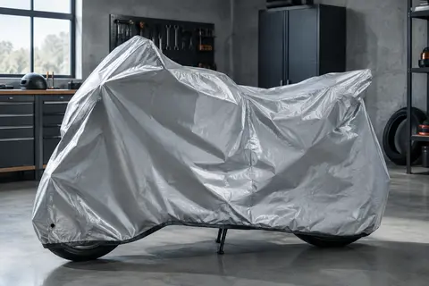 Bâche moto argentée couvrant un deux-roues dans un atelier sobre à la lumière naturelle.