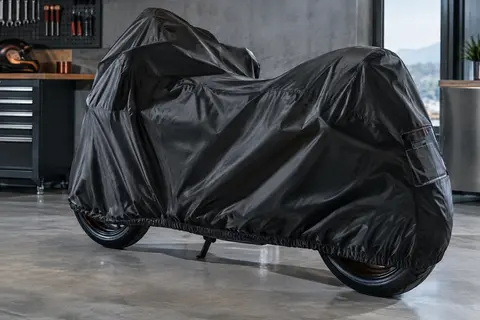 Moto couverte d’une bâche noire en PVC avec ourlet élastique et fenêtre pour la plaque