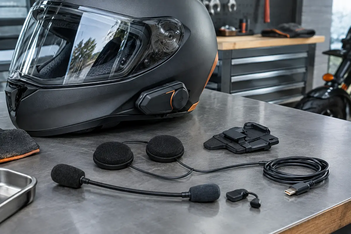 Intercom moto Wayxin T2 noir fixé sur un casque, avec écouteurs, microphones et accessoires de montage