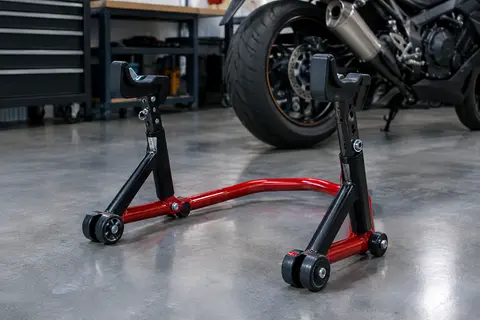 Béquille d’atelier WilTec rouge et noire avec support réglable et roulettes, posée dans un atelier moto.