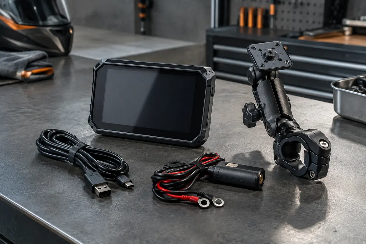 Écran tactile moto Wonsidary W522 sur son support, accompagné de ses câbles dans un atelier sobre.