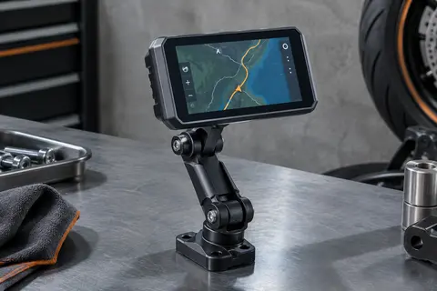 Écran moto tactile gris anthracite sur son support, présenté dans un atelier sobre avec une carte affichée.