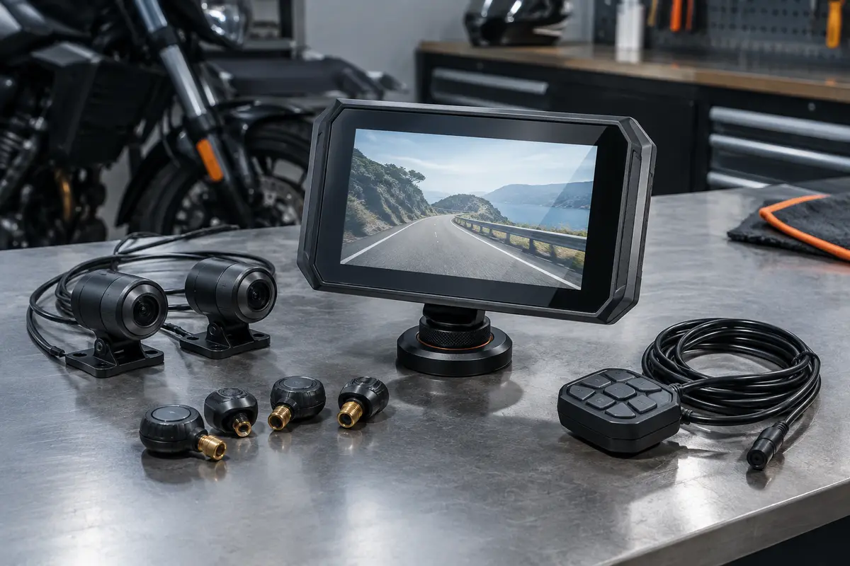 Écran GPS moto WonVon avec support magnétique, deux caméras, capteurs TPMS et télécommande filaire