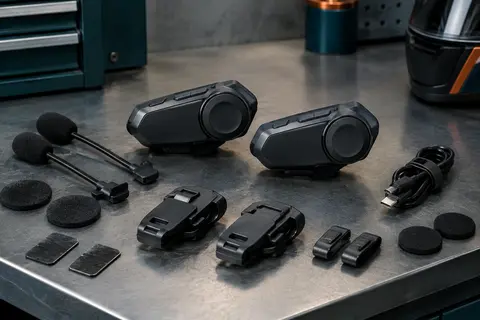 Deux intercoms moto noirs Xmenha Y12 avec câble USB-C et étui sur un établi d’atelier