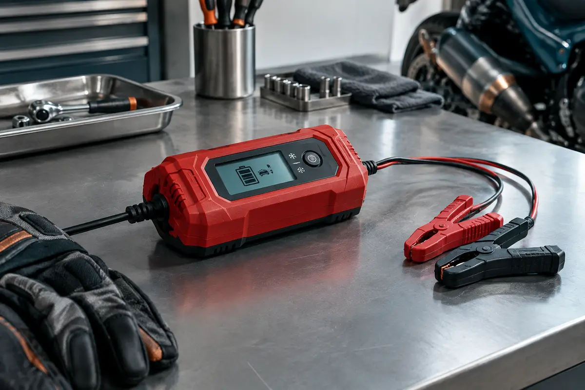 Chargeur de batterie Ydbao rouge avec écran LCD posé sur un établi dans un atelier moto sobre.