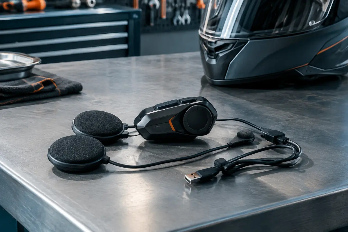 Kit Bluetooth moto noir avec module, haut-parleurs pour casque et câble de charge posé sur un établi