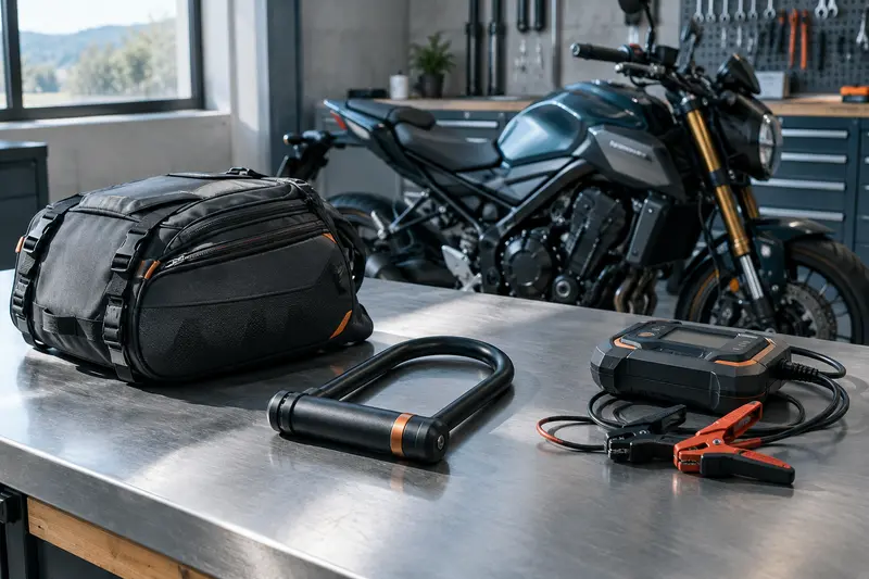Sacoche de selle, antivol et chargeur présentés dans un atelier moto