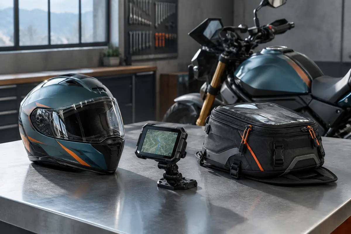 Accessoires de navigation et sacoche de réservoir présentés dans un atelier moto sobre